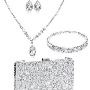 Women Evening  Bling Necklace Earrings Bracelets Set for Wedding Jewelry Set